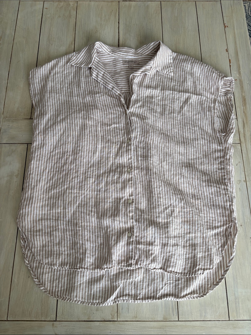 Banana Republic Tan White Striped 100% Linen Blouse Large Tall